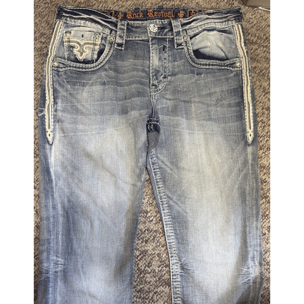 Rock Revival Feeney Relaxed Jeans 34 Blue Heavy Stitch Embroidered EP9848EQ223L